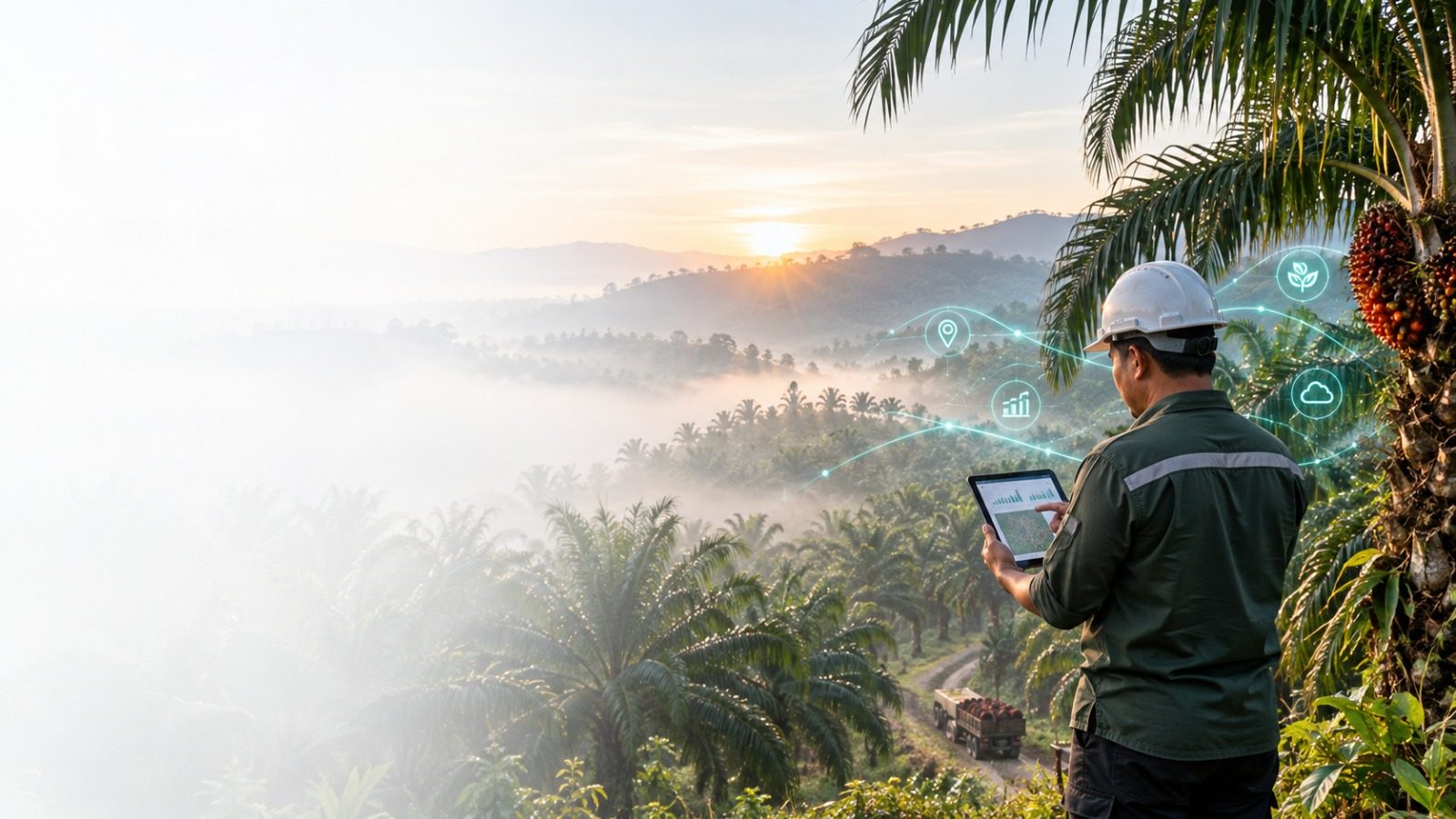 Estate manager checking a tablet above a misty oil palm estate at sunrise