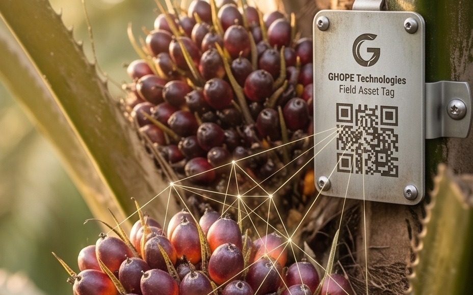 Ripe oil palm fruit bunch with a GHOPE field asset tag