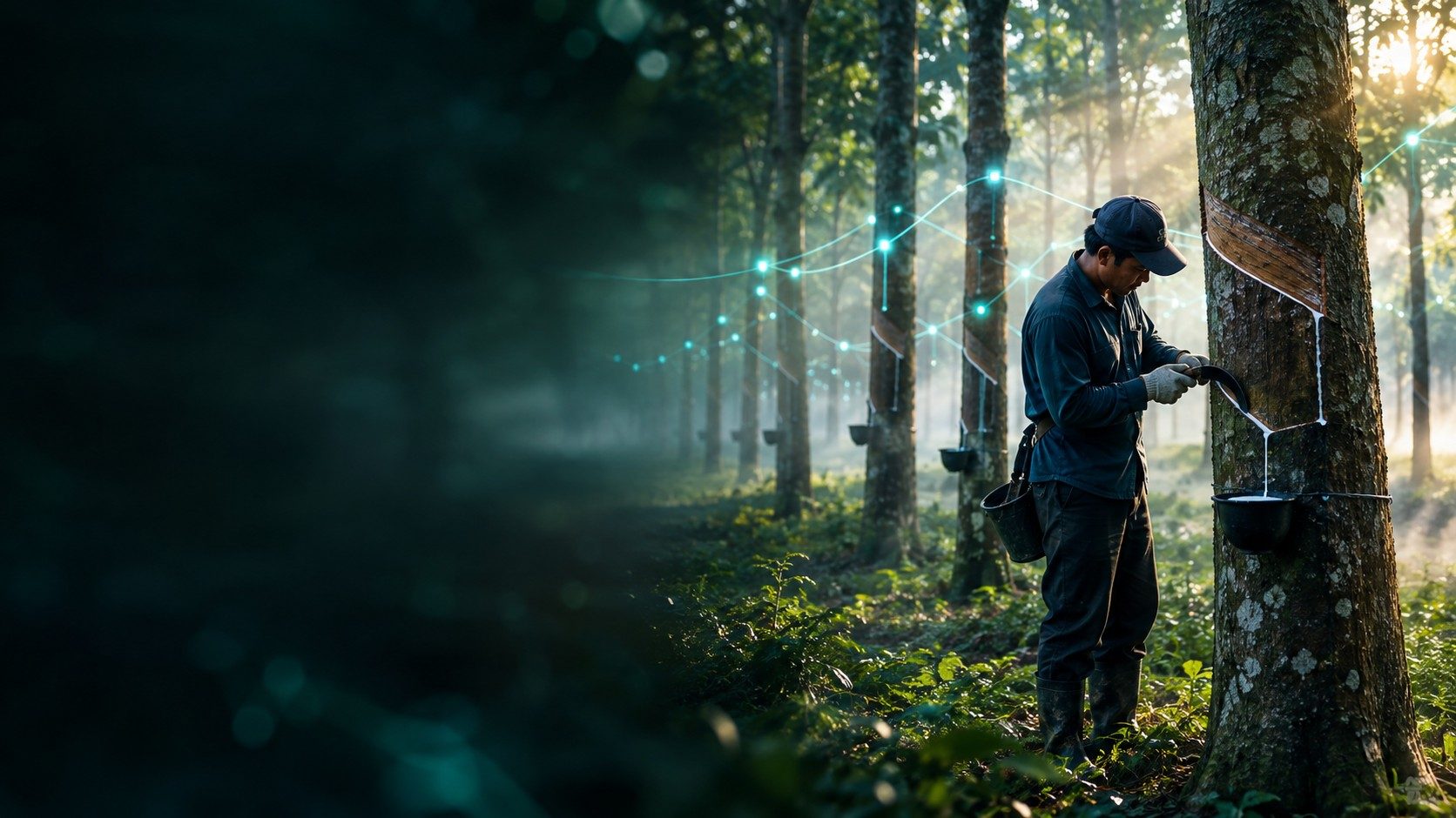Rubber tapper at work at dawn, trees linked by a glowing data network